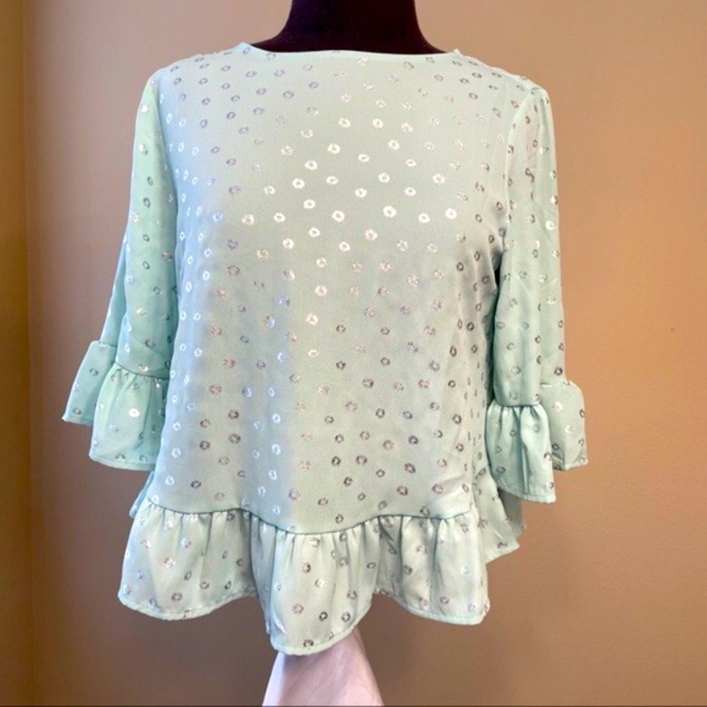 Anthropologie Blouse Mint Ruffle Sleeves Small
